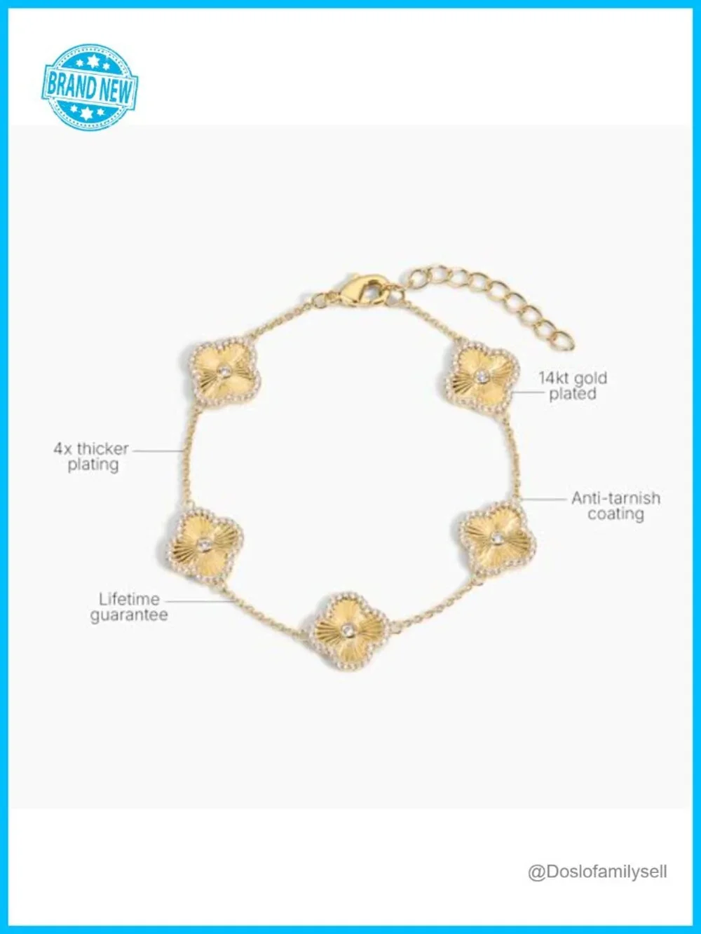 14k Gold Plated Clover Charm Chain Bracelet, Adjustable 6
